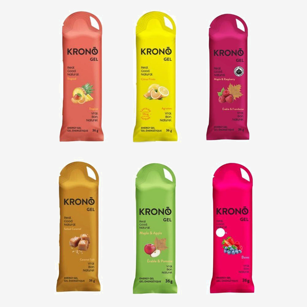 Krono - Gel énergétique - Boite Mixte - Gel Sucre (Erable, Erable et pomme, Tropical, Fruits des champs, Erable et framboise, Agrumes)